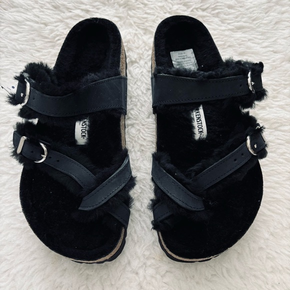 Birkenstock Miyari Shearling Black Leather Sandals size 37 W6 M4 - Picture 10 of 15